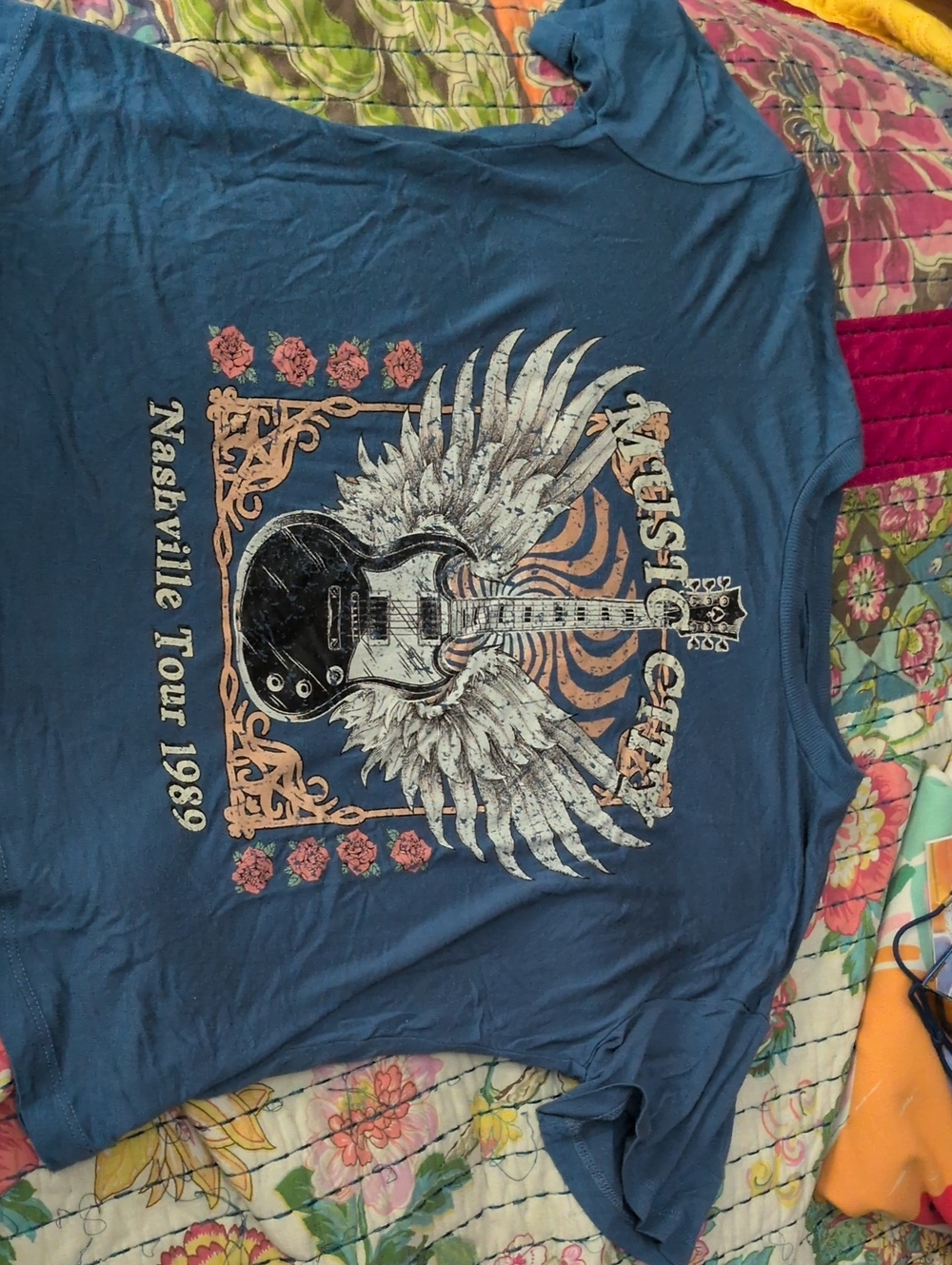 True Craft Blue Graphic Tee with Guitar and Wings